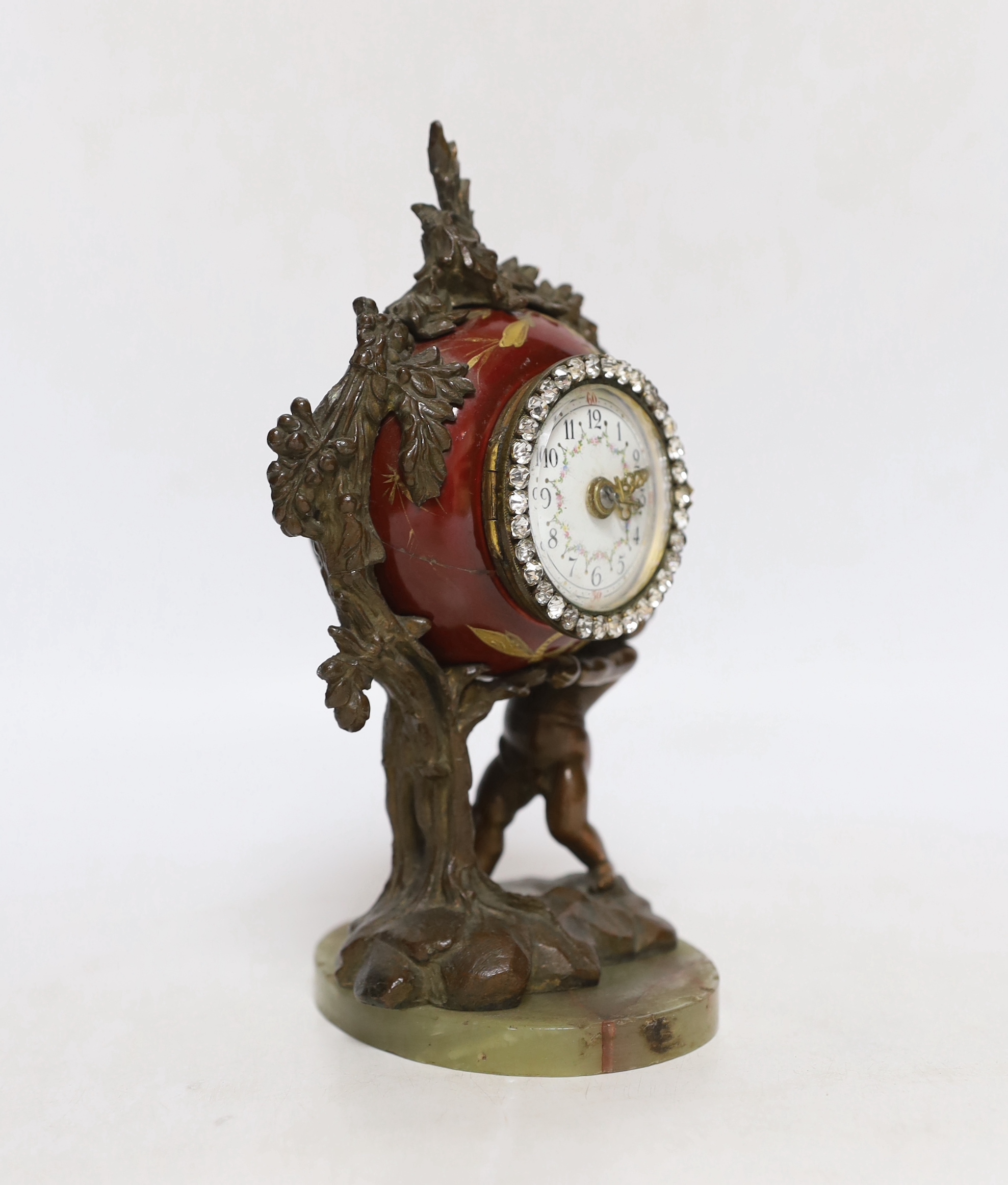 A late 19th century Louis XV style porcelain and gilt metal cased mantel clock, 18.5cm high